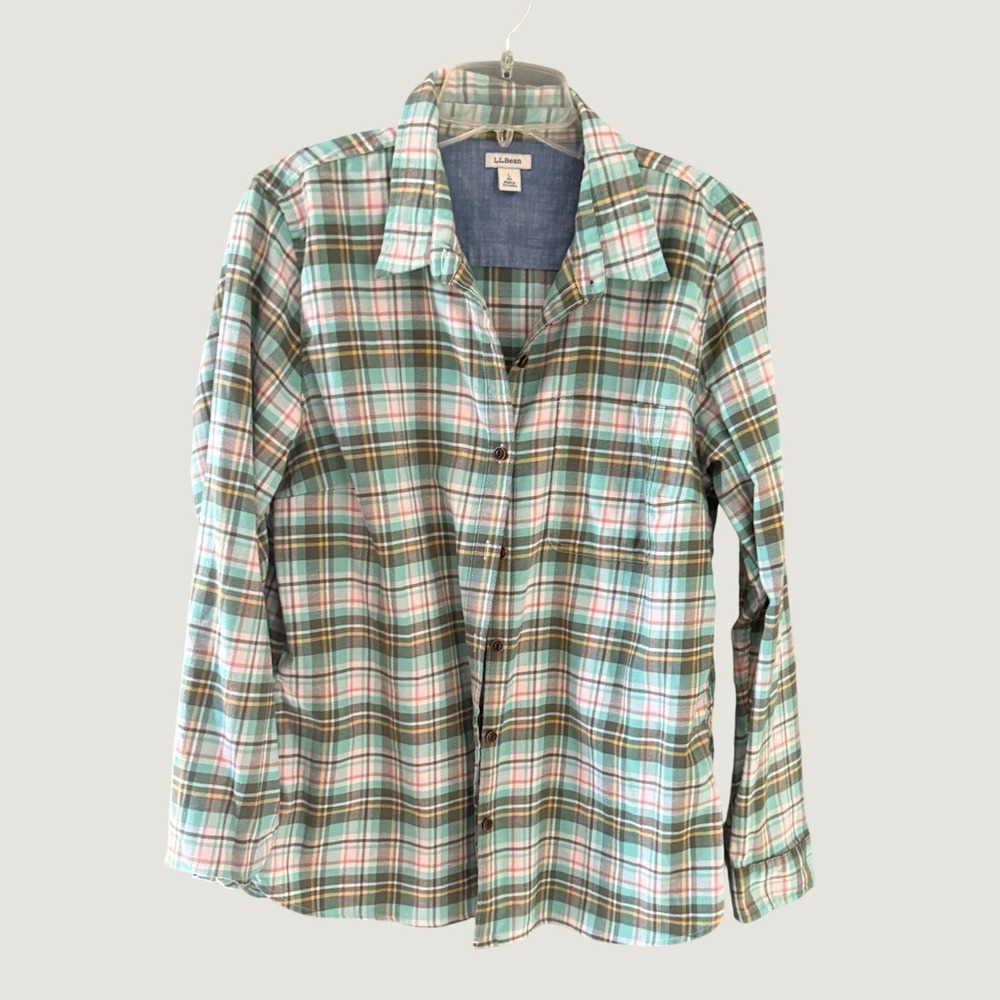 LL Bean Womens Aqua Pink Plaid Long Sleeve Button Down Shirt Outdoor Large L